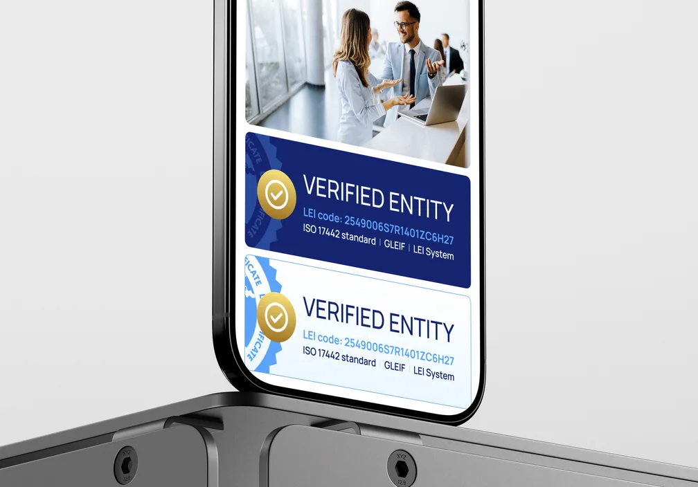 LEI verification badges shown on a phone