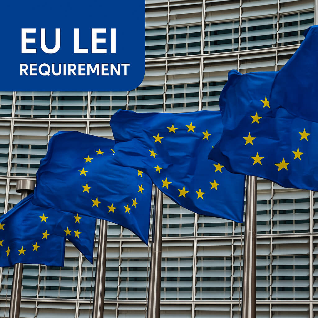EU LEI Requirement – European Union flags in front of the Commission building, symbolizing Legal Entity Identifier obligations in the EU